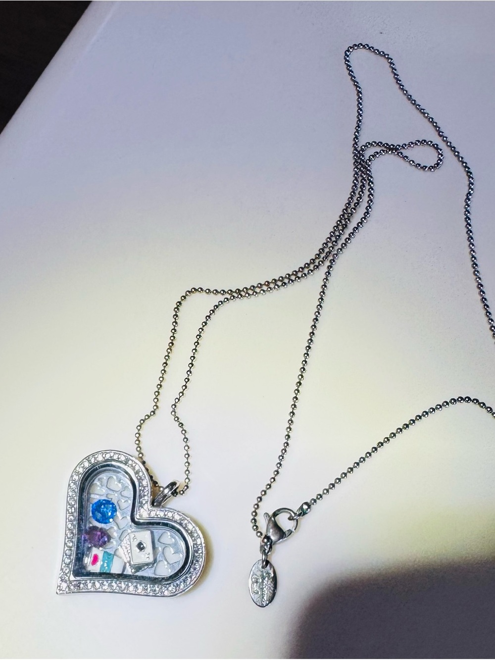 Origami Owl Silver Chain, Rhinestone Heart Pendant, and 4 Charms